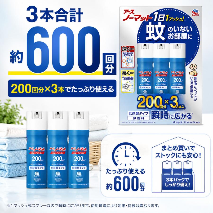 アースノーマット 1プッシュ式スプレー 200回分 3本パック 無香料 低刺激タイプ 蚊 ハエ用 虫ケア用品 | アースノーマット | 02