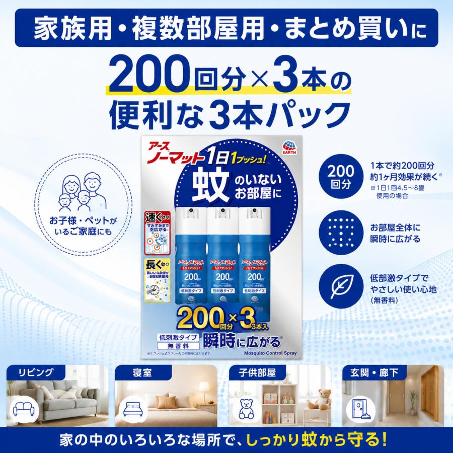 アースノーマット 1プッシュ式スプレー 200回分 3本パック 無香料 低刺激タイプ 蚊 ハエ用 虫ケア用品 | アースノーマット | 08