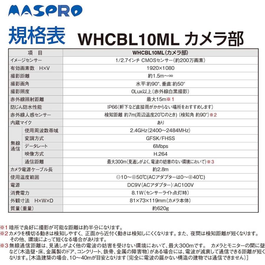 MASPRO（マスプロ） モニター＆ワイヤレスＨＤカメラセット 10.1インチモニター フルハイビジョン センサーライト搭載 WHCBL10ML｜onhome｜07