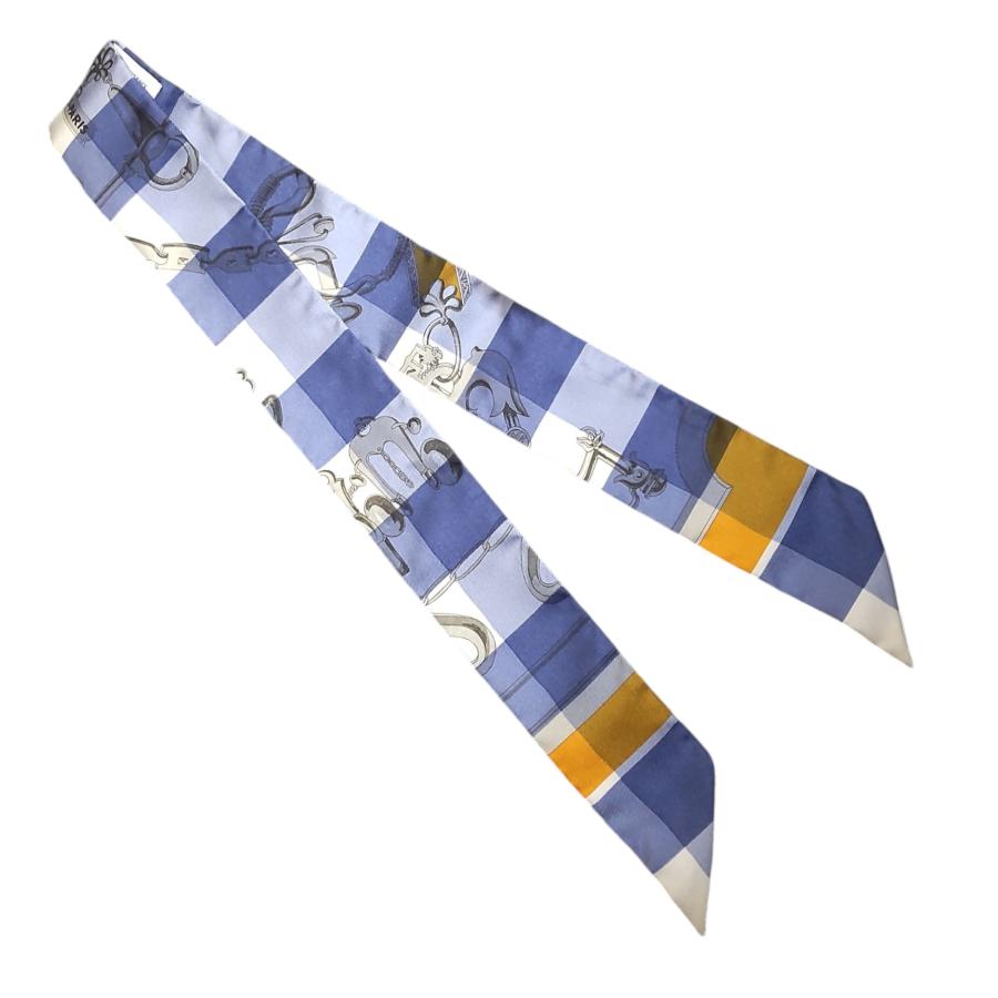 中古品】HERMES エルメス シルク100% ツイリー スカーフ ブルー系  