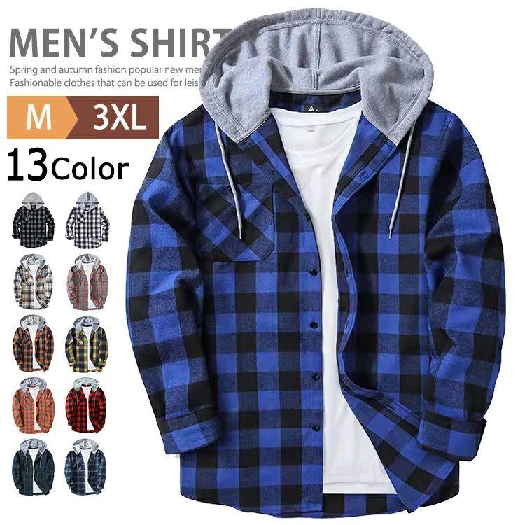 シャツ パーカー 長袖 シャツパーカー メンズ ネルシャツ フード付き
