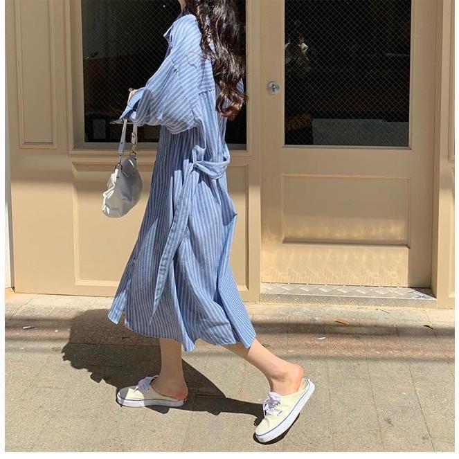 ゆったり コットン ロング シャツ ワンピース オーバーサイズ ストライプ