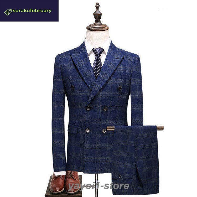 ダブルスーツ メンズ チェック柄 3ピーススーツ スリーピース スリーピー スーツ ビジネススーツ セットアップ 6つボタン 結婚式 秋夏 ダブルスーツ メンズ チェック柄 3ピーススーツ スリーピース