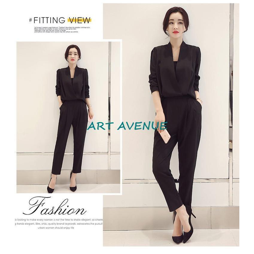 パンツスーツ 2点セット セットアップ Vネック 体型カバー 着痩せ