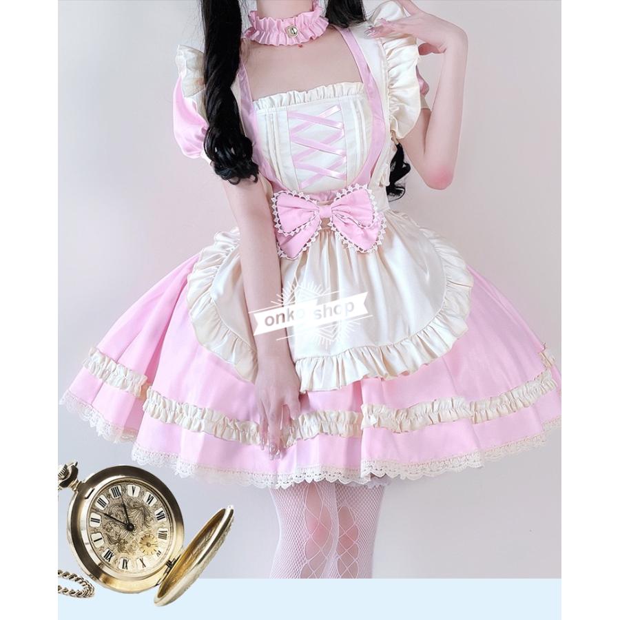 メイド服 コスプレセット フリルワンピースピンクLサイズ アイドル系コスチューム リボンのメイド服ピンクワンピ―ス (M/L/2L/3L/4L/5L/6L