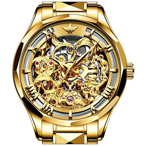 大きい割引 OUPINKE Men's Gold Skeleton Wrist Watches Automatic Mechanical Luxury Dress送料無料 腕時計