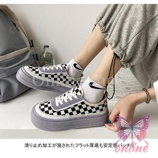 スニーカー 厚底 レディース チェック柄 キャンバスシューズ