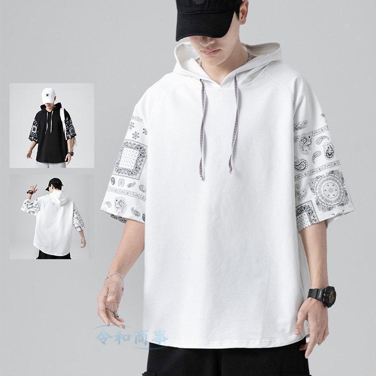 パーカー メンズ 半袖パーカー バンダナ柄 白 黒 フード付き プル