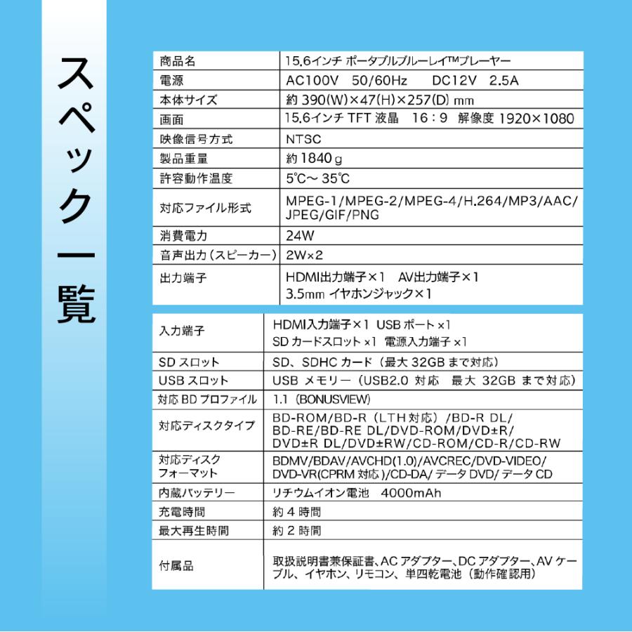 15.6インチ ポータブルブルーレイプレーヤー フルHD HDMI入力対応 Blu