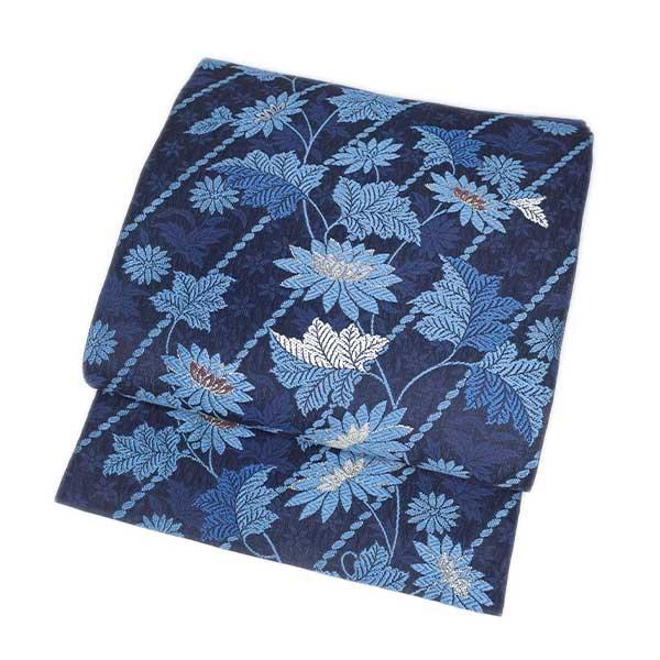仕立て上り品 九寸 名古屋帯 弥栄織物 正絹 綿芯入り 新作新品 紺系 ONLY na-y-020の画像