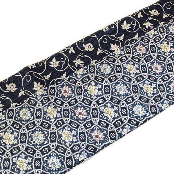仕立て上り品 九寸 名古屋帯 弥栄織物 正絹 綿芯入り 濃藍色系 新作新品 ONLY na-y-079の画像