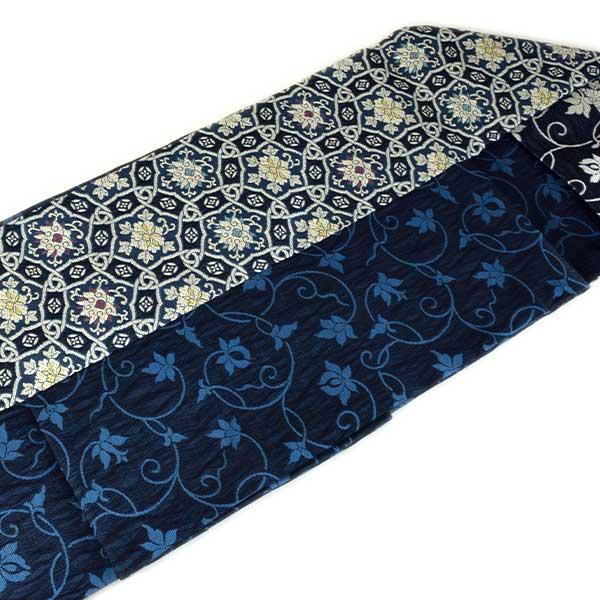 仕立て上り品 九寸 名古屋帯 弥栄織物 正絹 綿芯入り 濃藍色系 新作新品 ONLY na-y-079の画像