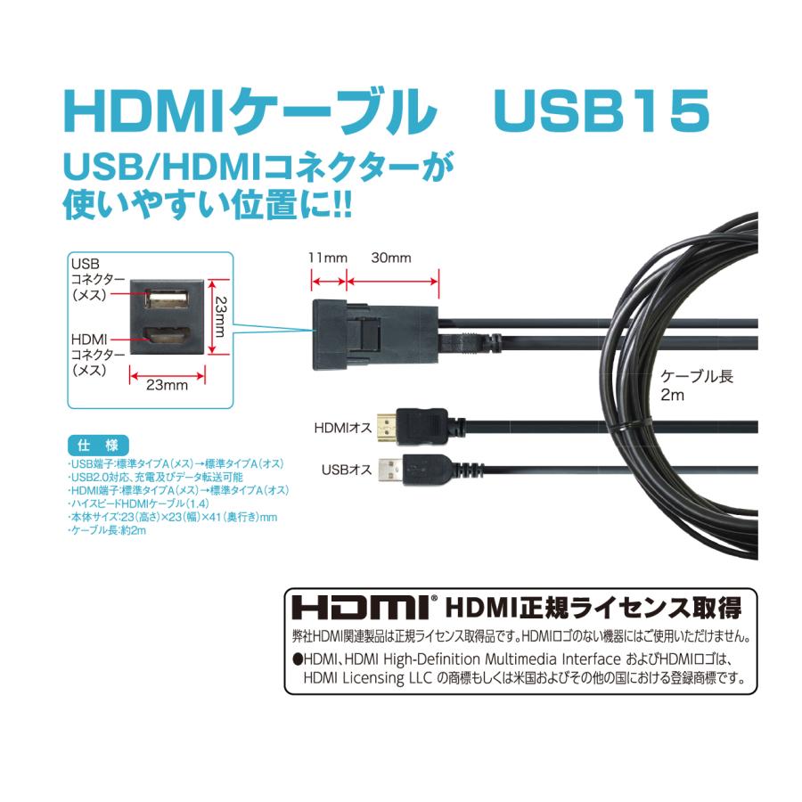 USB/HDMI延長ケーブル USB15 トヨタ/ダイハツ専用 ケーブル長さ2m 薄型