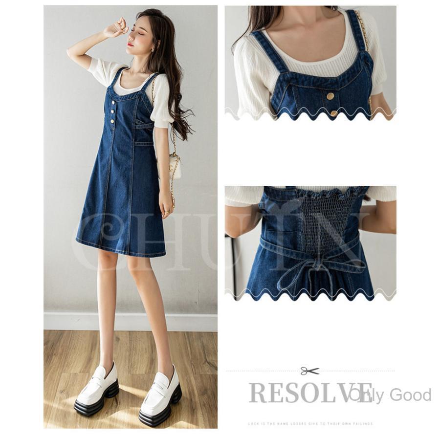ひざ丈ワンピース 破れジーンズ デニム ゆったり 着痩せ サロペットスカート デニムタイトワンピース サロペットスカート 膝丈 デニム バック