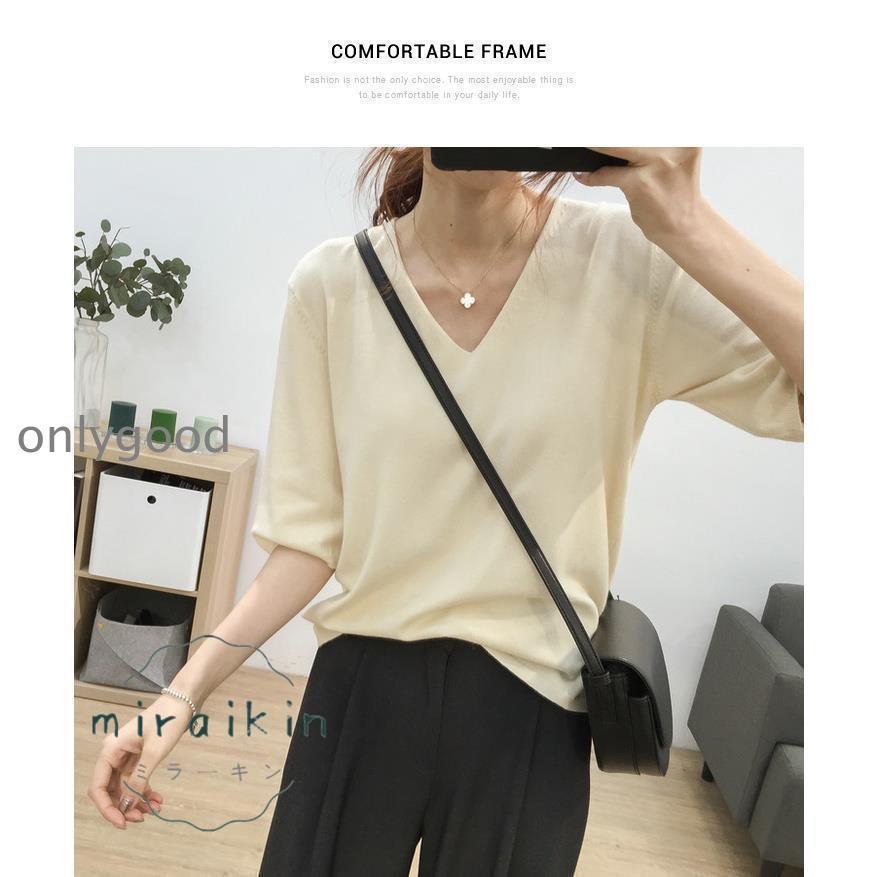 tシャツ Tシャツ ニット ニットソー Vネック トップス フィット