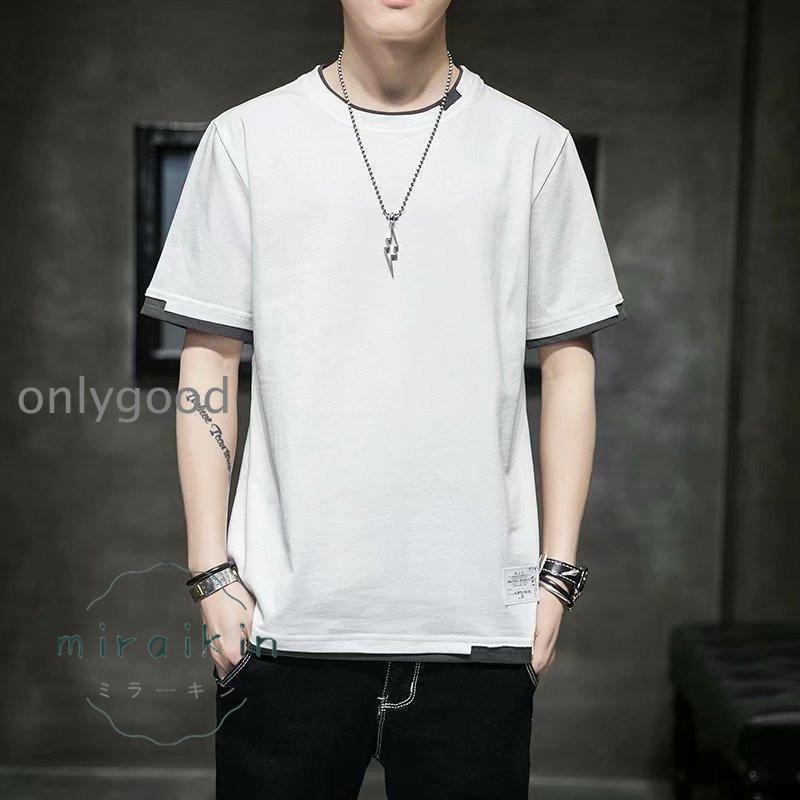 Tシャツ 半袖 メンズ 春夏 トップス レイヤード 重ね着風 カットソー t