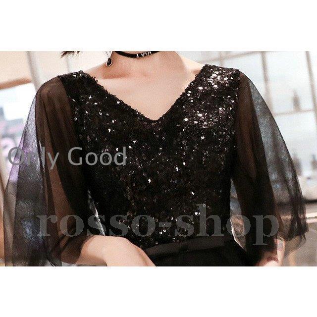 ドレス 黒 パーティードレス スパンコール キラキラ 袖あり イブニング