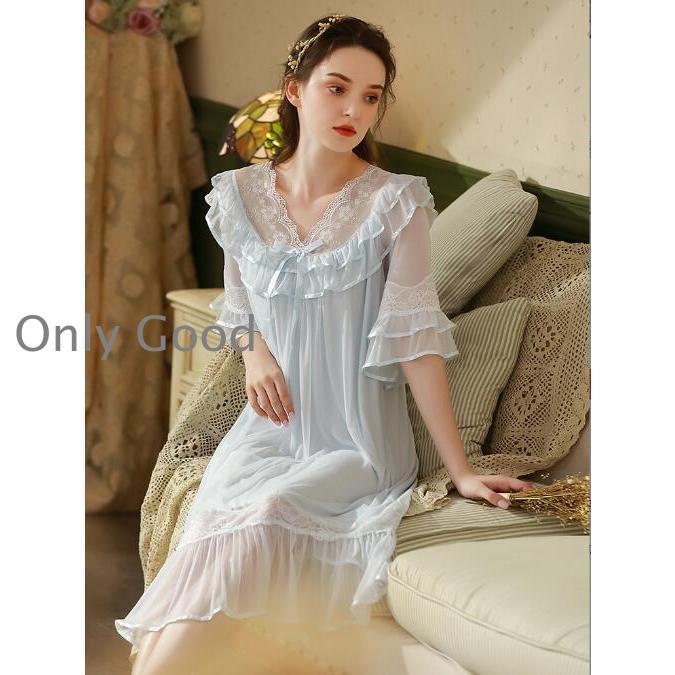 レディース レース 姫系 ネグリジェ 寝巻き 五分袖 ロング丈 春 夏