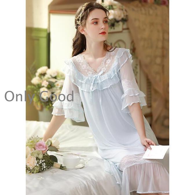 レディース レース 姫系 ネグリジェ 寝巻き 五分袖 ロング丈 春 夏