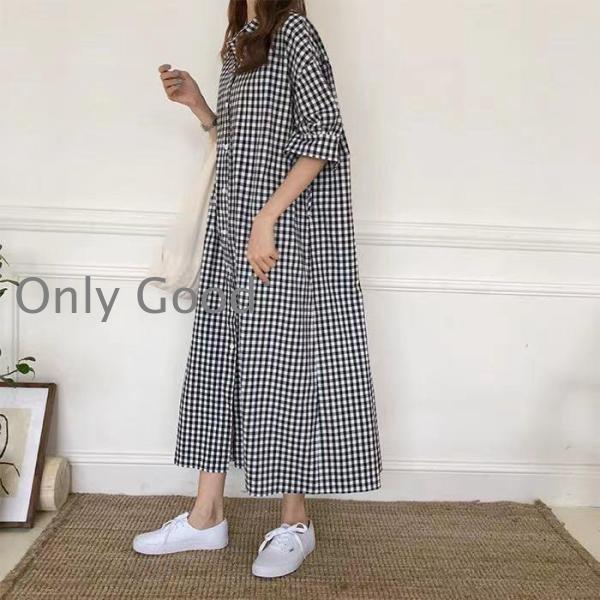 夏ワンピースチェック柄 ギンガムチェック ロングシャツ 3type 半袖