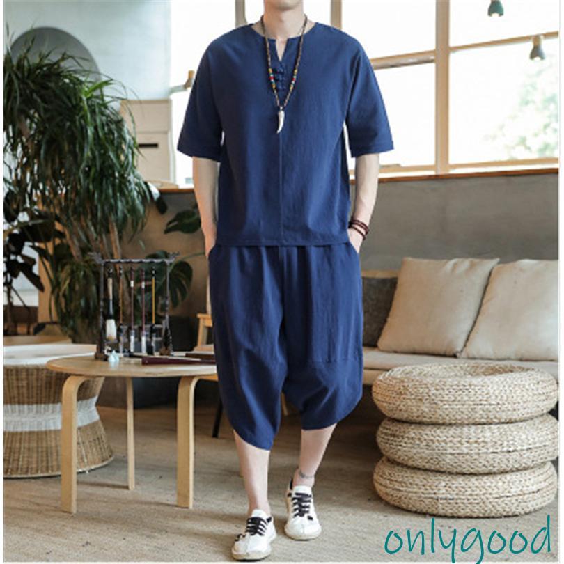 綿麻上下セット セットアップ メンズ リネン 夏 2点セット 半袖 薄手 
