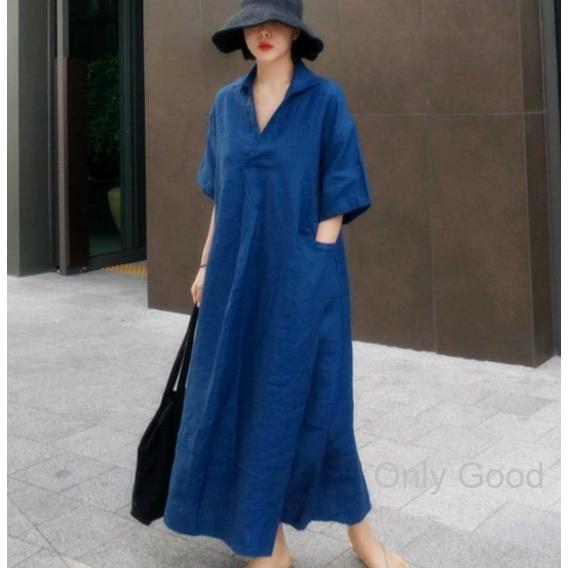 リネンワンピース 綿麻 亜麻 混 ボートネック Vネック バルーンシルエット 七分袖 マキシ丈 無地 ワンピ ゆったり レディース 麻ワンピ 体型カバー リネンワンピの画像