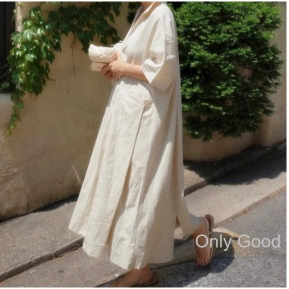 リネンワンピース 綿麻 亜麻 混 ボートネック Vネック バルーンシルエット 七分袖 マキシ丈 無地 ワンピ ゆったり レディース 麻ワンピ 体型カバー リネンワンピの画像