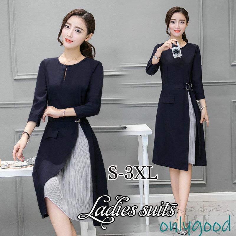 春コーデ ワンピース レディース Aライン 秋 膝丈 異素材 キレイめ