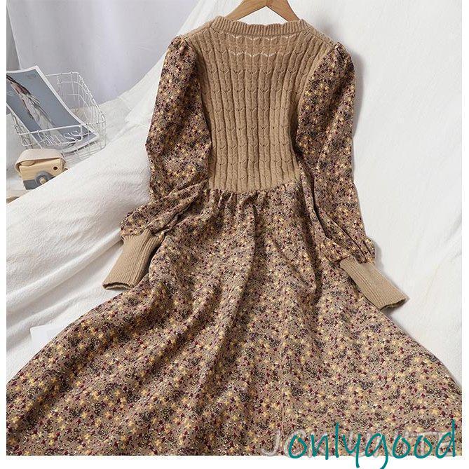 花柄　ロングワンピース　コーデュロイ　フリル　レース　丸襟　古着　一点もの 花柄ワンピース レディース 長袖ワンピース ロング丈 ニット