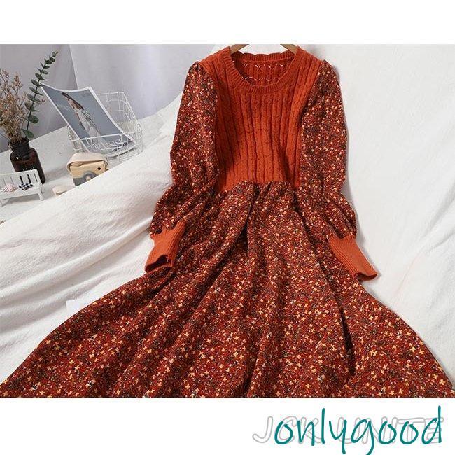 花柄ワンピース レディース 長袖ワンピース ロング丈 ニット