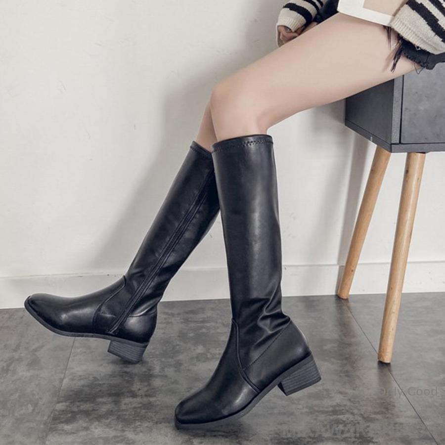 ニーハイブーツ レディース ロング丈 スクエアトゥ ローヒール 合皮