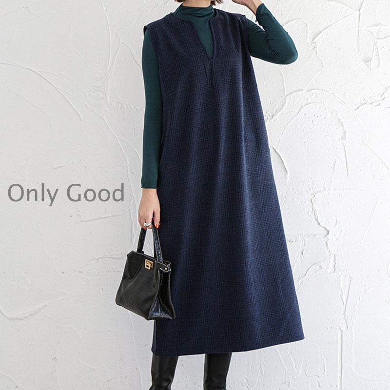 ジャンパースカート 大人 冬 秋冬 vネック ウール調 低身長 膝丈 40代