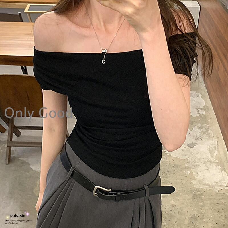 OBLI パワーショルダー半袖カットソー　ブラック OBLI パワーショルダー半袖カットソー ブラック