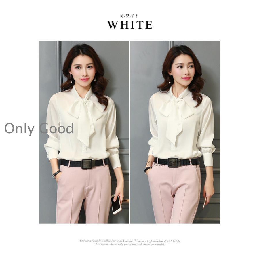 アイボリー サテン 長袖シャツ ブラックリボン ブラウス レディース 春 夏 春夏 黒 白 シャツ サテン 長袖