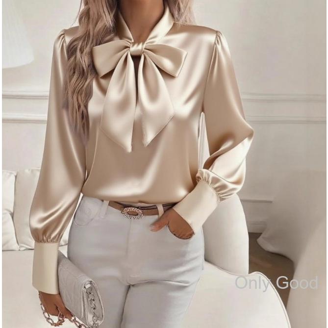 ブラウス レディース 春 夏 春夏 黒 白 シャツ サテン 長袖 リボン