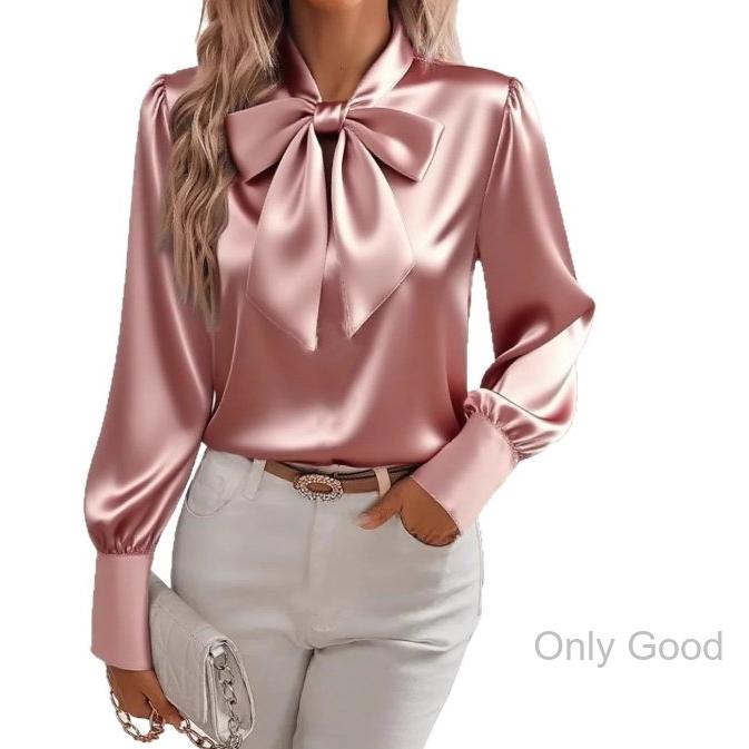 ブラウス レディース 春 夏 春夏 黒 白 シャツ サテン 長袖 リボン