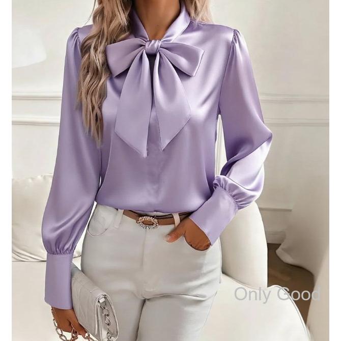 ブラウス レディース 春 夏 春夏 黒 白 シャツ サテン 長袖 リボン