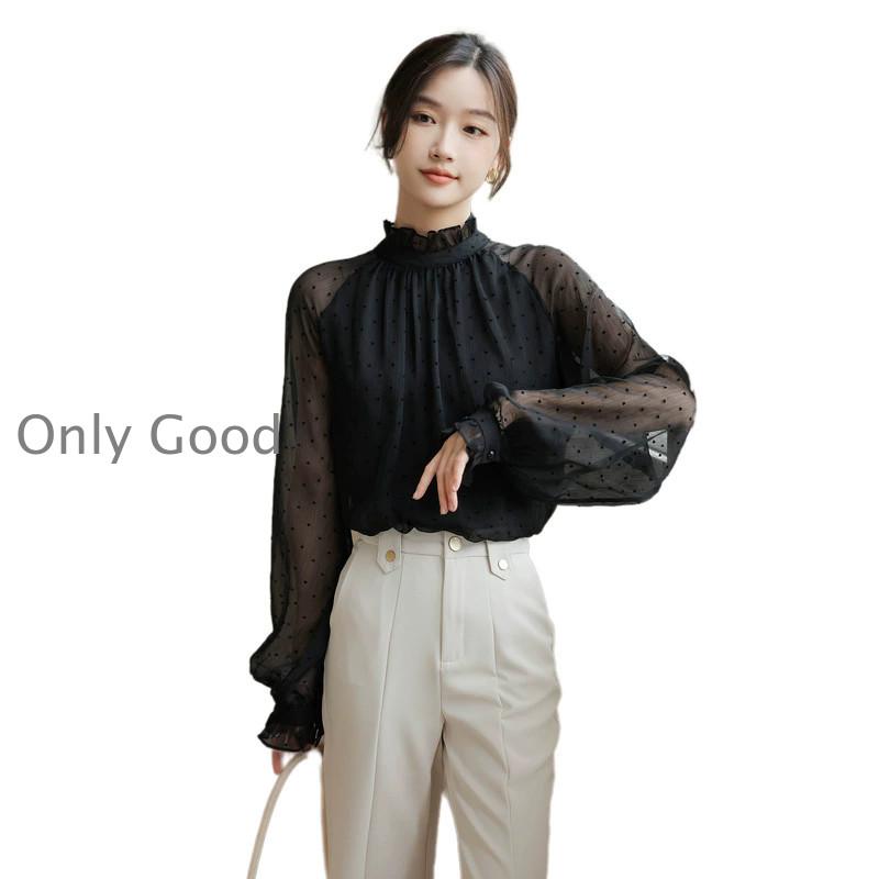 OHGA ドット柄　長袖ブラウス F 小さなドット柄]ハイネック長袖ブラウス | きれいめかわいいS
