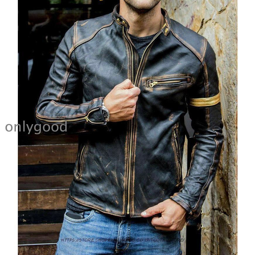 メンズ革ジャン 秋冬 レザージャケット 立ち襟 合わせやすい