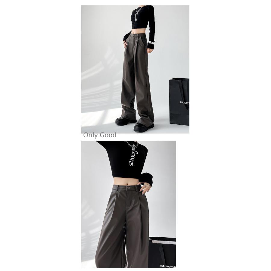 フェイクレザーパンツ PU 合皮 秋冬 レディース ワイドパンツ ハイ