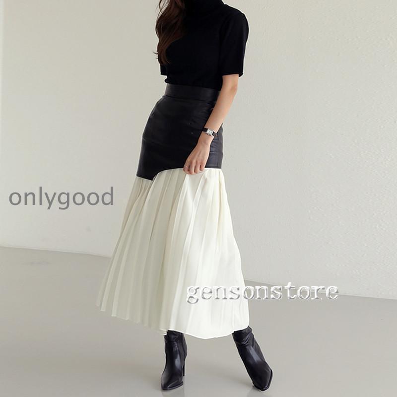 レザー切替え ロングスカート ホワイト 白 レディース ハイウエスト フレア Aラインスカート プリーツ シンプル 無地 マキシ丈 春 スカート レザー切替え ロングスカート ホワイト 白 レディース ハイウエスト