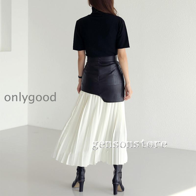 レザー切替え ロングスカート ホワイト 白 レディース ハイウエスト