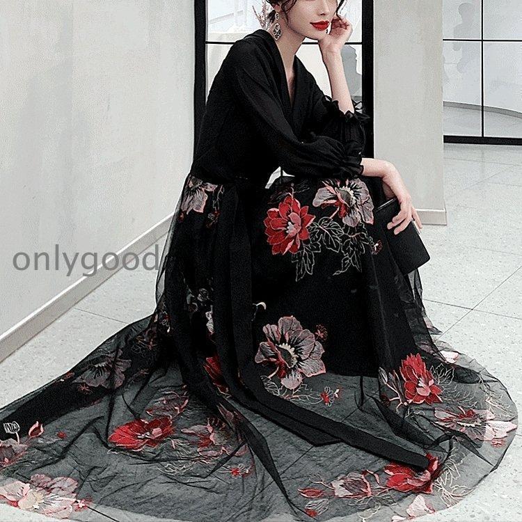 おしゃれパーティードレス ドレス カジュアルドレス イブニングドレス ロング Aライン 袖あり 長袖 シースルー シフォン Vネック 花柄 おしゃれパーティードレス ドレス カジュアルドレス イブニングドレス