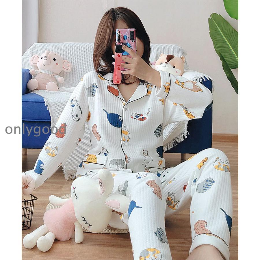 パジャマレディース かわいい猫柄 レディースパジャマ 長袖/長ズボン 上下2点セット M/L/XL 綿 春秋冬 ふんわり優しい着心地 キュート