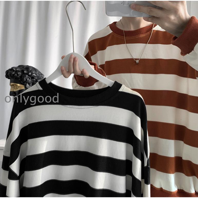ボーダー柄 メンズ ロングTシャツ 厚地 長袖Tシャツ クールネック
