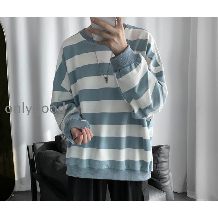 ボーダー柄 メンズ ロングTシャツ 厚地 長袖Tシャツ クールネック
