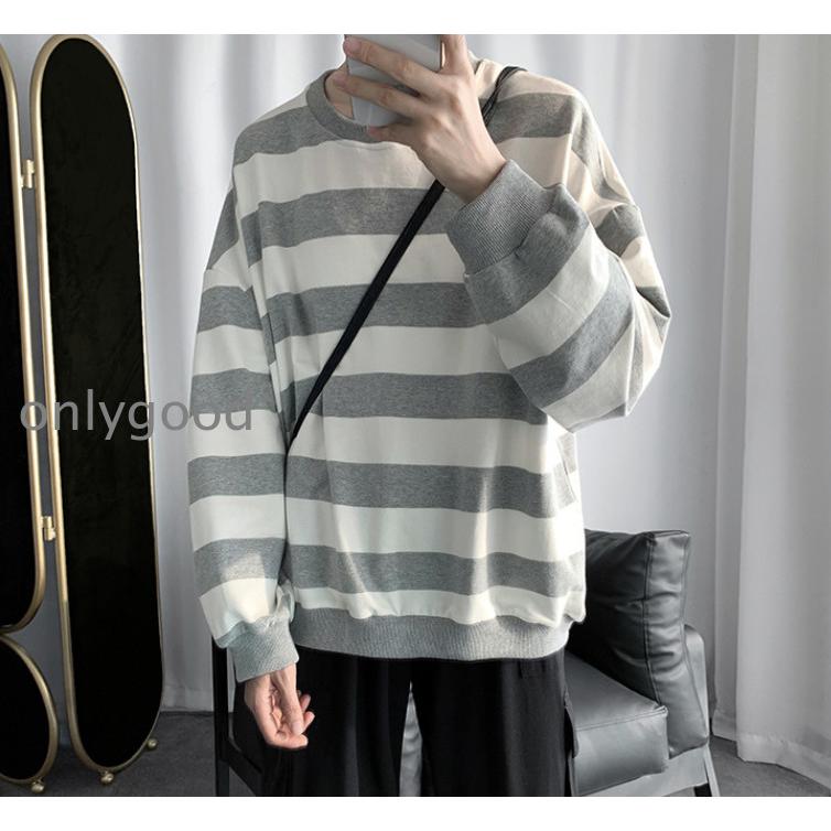 ボーダー柄 メンズ ロングTシャツ 厚地 長袖Tシャツ クールネック