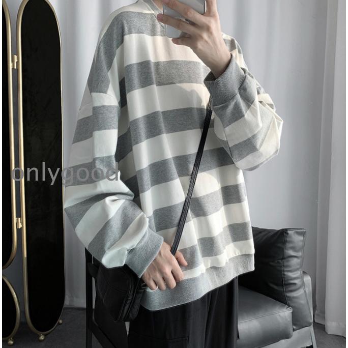 ボーダー柄 メンズ ロングTシャツ 厚地 長袖Tシャツ クールネック
