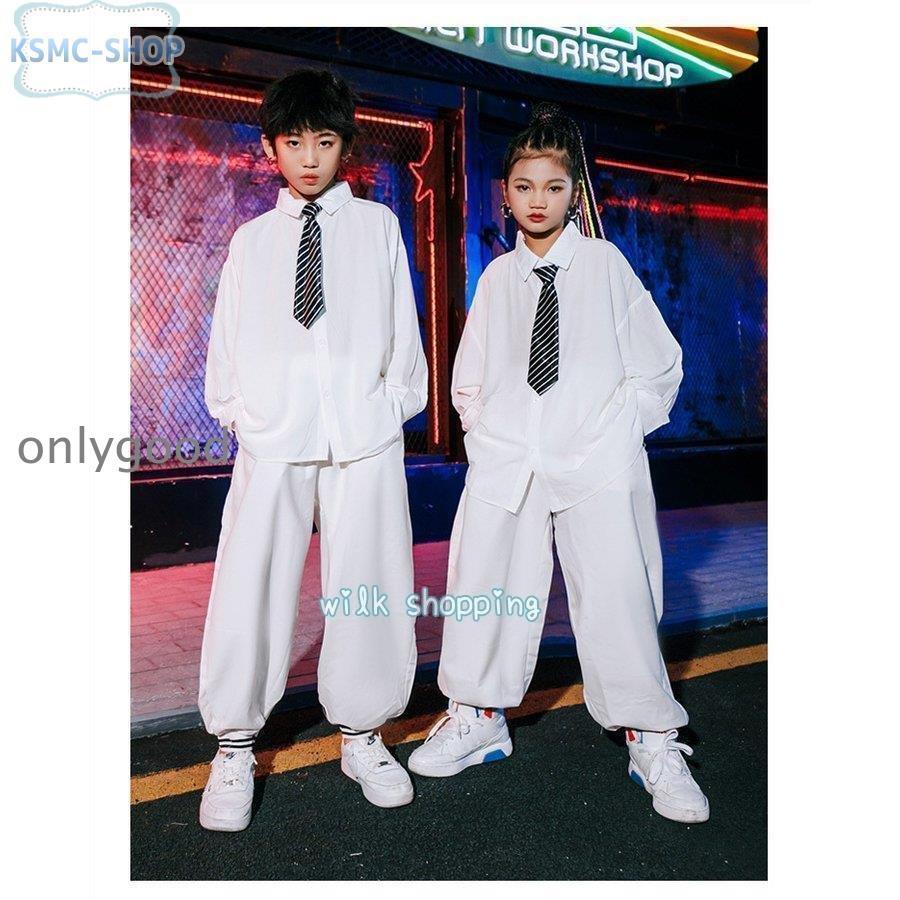 キッズダンス衣装 セットアップ ヒップホップ 無地シャツ 大きめ 黒 白