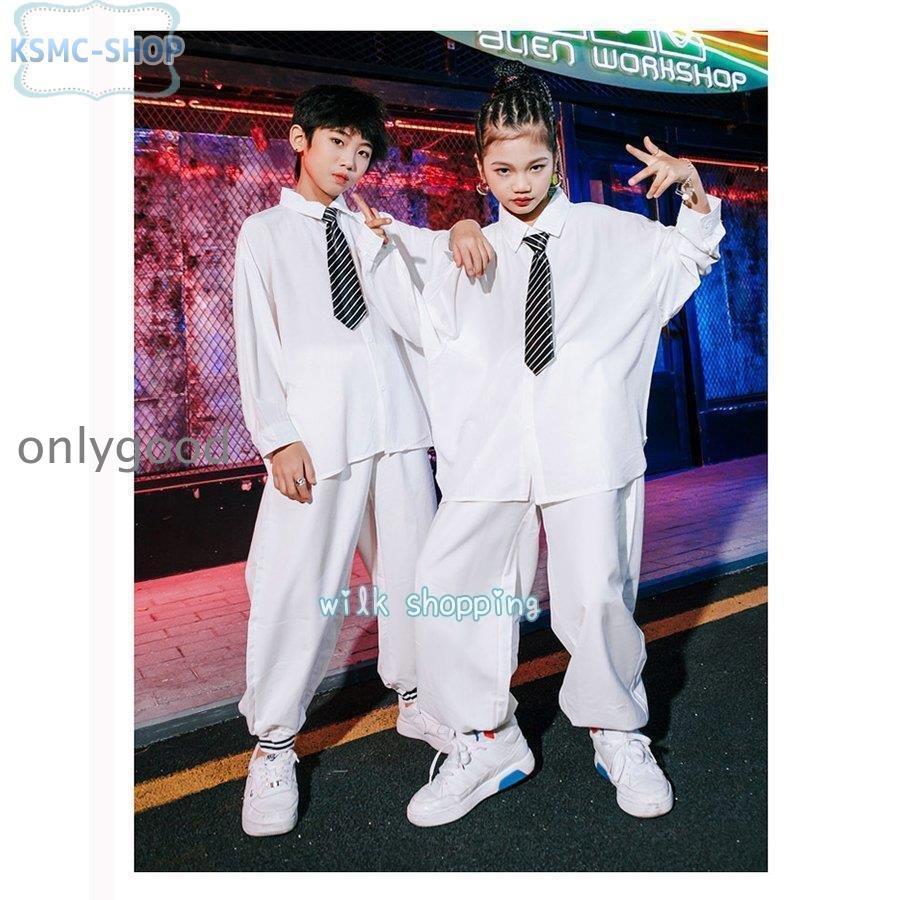 キッズダンス衣装 セットアップ ヒップホップ 無地シャツ 大きめ 黒 白